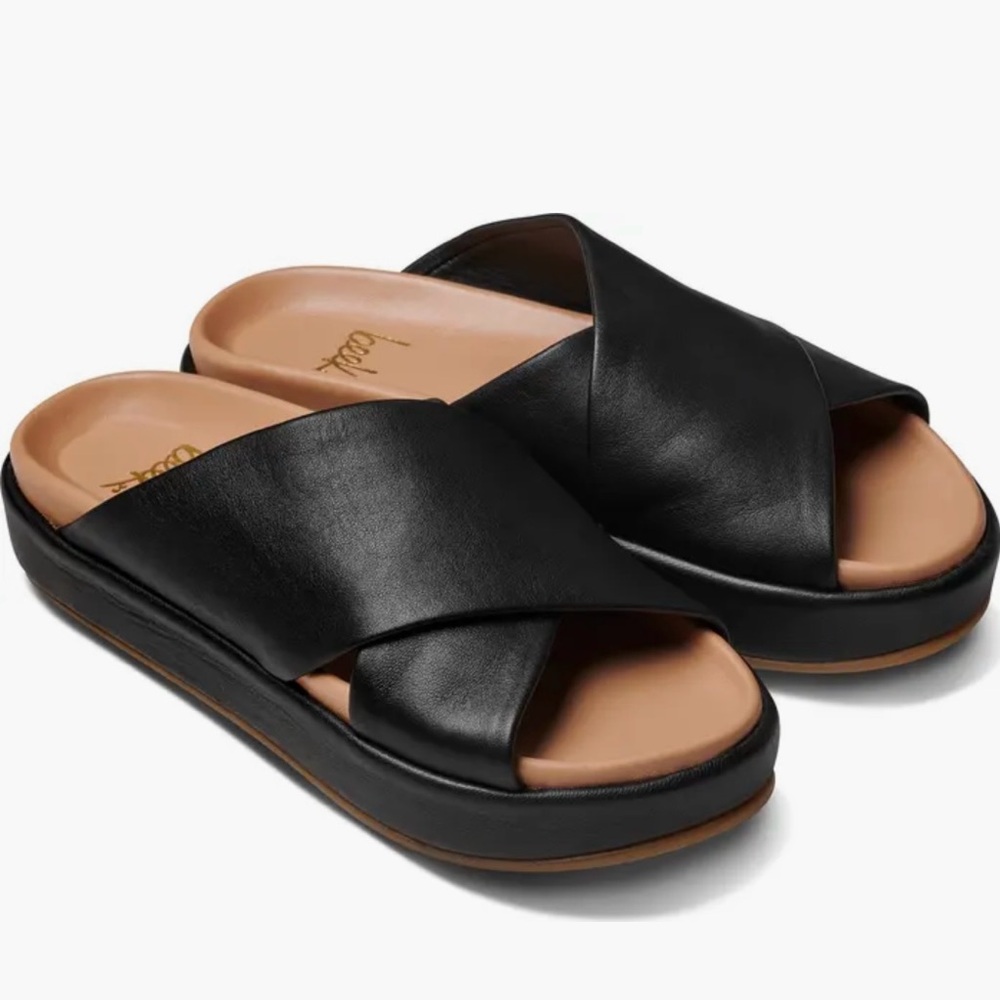 beek Black Leather Crossband Slide Sandals with Tan Footbed